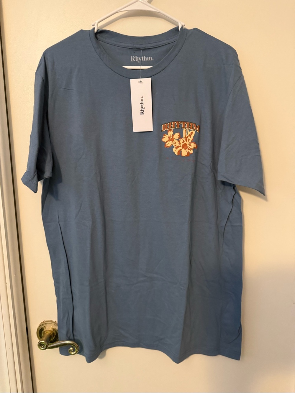 Rhythm. Men's Dusty Blue Tee with Yellow Floral Chest Print